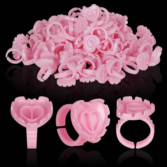 100 Stück Kleberinge, Herzform, Wimpernkleber-Halter, Einweg-Lash-Ringe für Wimpernverlängerungen, Blooming Volume Fanning, Kein Verschütten (Pink)