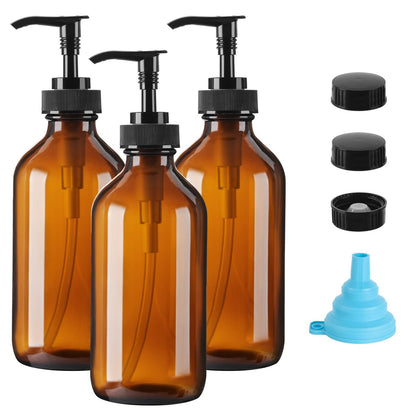 Vitreaux Amber Glas-Seifenspender 8oz, 3er-Pack mit auslaufsicherem Pumpkopf, nachfüllbare kleine Glasflaschen für Handseife, Lotion, Shampoo & Spülmittel, inklusive schützender schwarzer Verschlüsse und Trichter