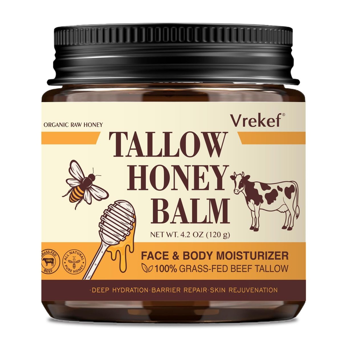 VREKEF Rindertalg für die Haut (120 ml) – Talg- und Honigbalsam für Gesicht & Körper – Weidegefütterter Talg mit Bienenwachs, Sanddornöl, Sheabutter, Vitamin E – Natürliche Feuchtigkeitscreme