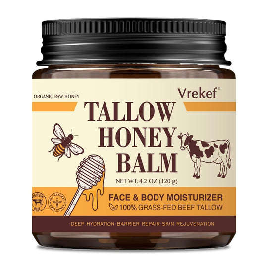 VREKEF Rindertalg für die Haut (120 ml) – Talg- und Honigbalsam für Gesicht & Körper – Weidegefütterter Talg mit Bienenwachs, Sanddornöl, Sheabutter, Vitamin E – Natürliche Feuchtigkeitscreme