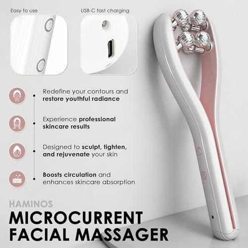 HAMINOS Mikrostrom-Gesichtsmassagegerät mit 3D-Rolle, 3 Intensitätsstufen, Lifting- & Straffungswerkzeug für Gesicht, Beine, Arme & Hals, sanfte Konturierung & Hautpflegeaufnahme