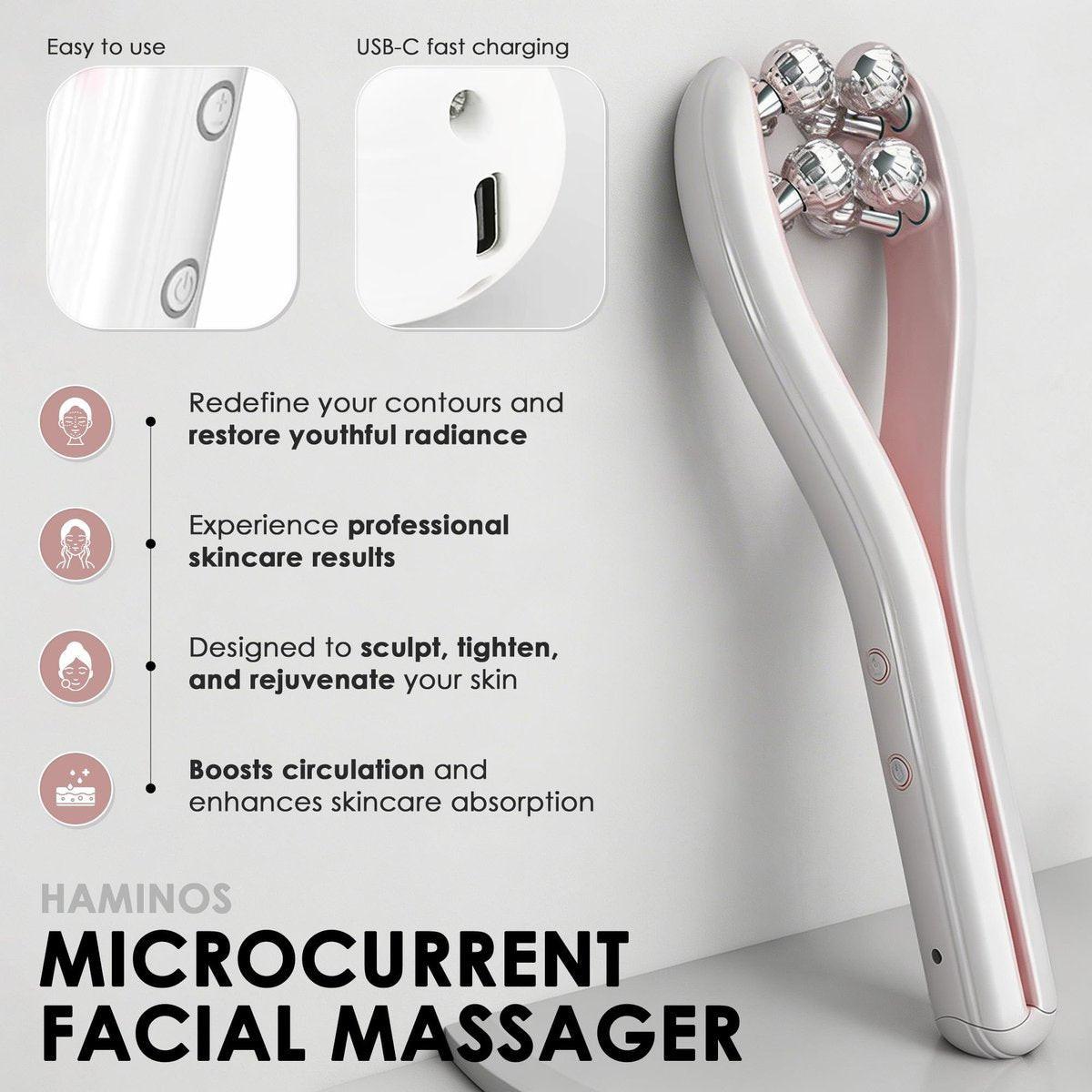 HAMINOS Mikrostrom-Gesichtsmassagegerät mit 3D-Rolle, 3 Intensitätsstufen, Lifting- & Straffungswerkzeug für Gesicht, Beine, Arme & Hals, sanfte Konturierung & Hautpflegeaufnahme