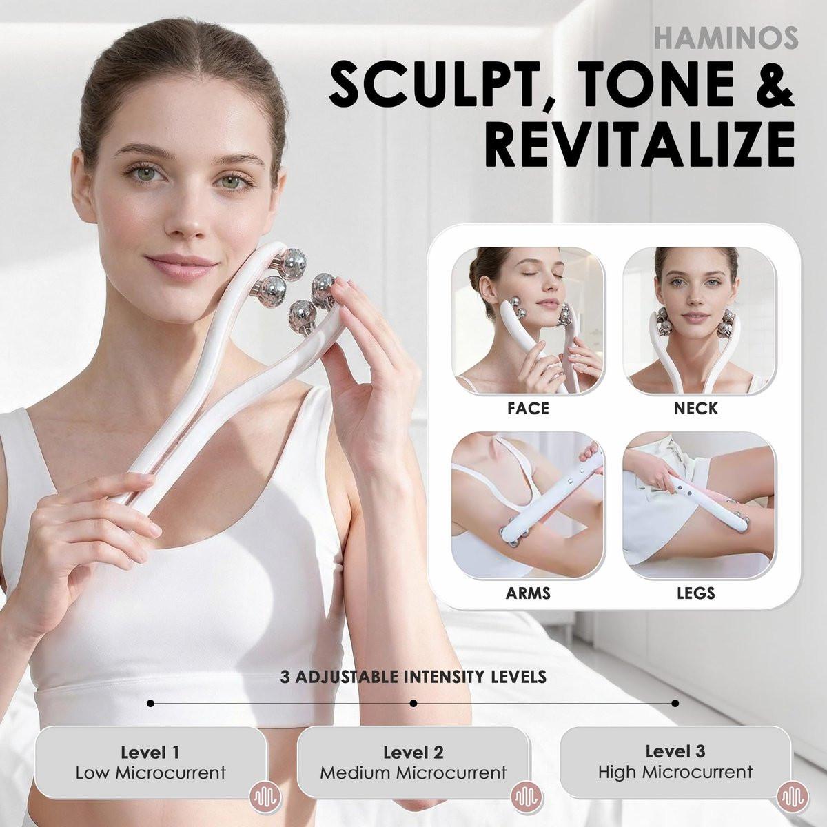 HAMINOS Mikrostrom-Gesichtsmassagegerät mit 3D-Rolle, 3 Intensitätsstufen, Lifting- & Straffungswerkzeug für Gesicht, Beine, Arme & Hals, sanfte Konturierung & Hautpflegeaufnahme