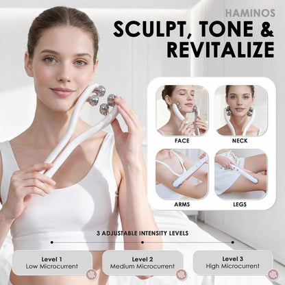 HAMINOS Mikrostrom-Gesichtsmassagegerät mit 3D-Rolle, 3 Intensitätsstufen, Lifting- & Straffungswerkzeug für Gesicht, Beine, Arme & Hals, sanfte Konturierung & Hautpflegeaufnahme