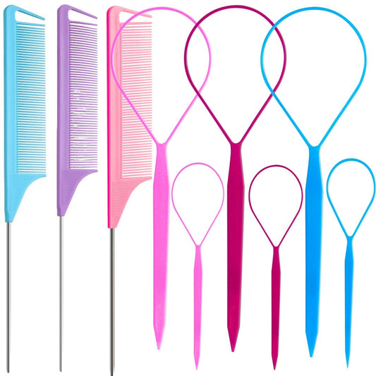 9-teiliges Topsy Hair Tail Tool Set mit Rattenschwanzkämmen – 6 Ponytail Pull Through Werkzeuge & 3 lange Stahlkämme, Haarschleifen-Styling-Werkzeug für Frauen und Mädchen (Pink, Lila, Blau) Linmxiy
