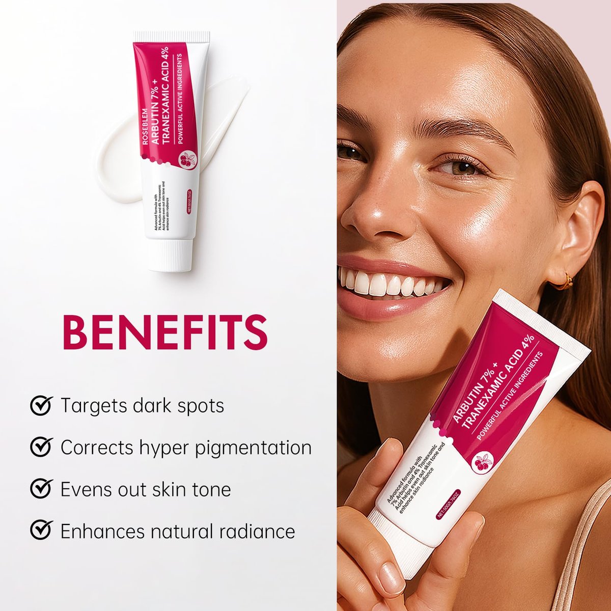 Roseblem Arbutin 7% + Tranexamsäure 4% Gesichtscreme gegen dunkle Flecken & unebenen Hautton – Feuchtigkeitsspendend, nicht reizend, sicher für empfindliche Haut, 1,76 oz (2er-Pack)