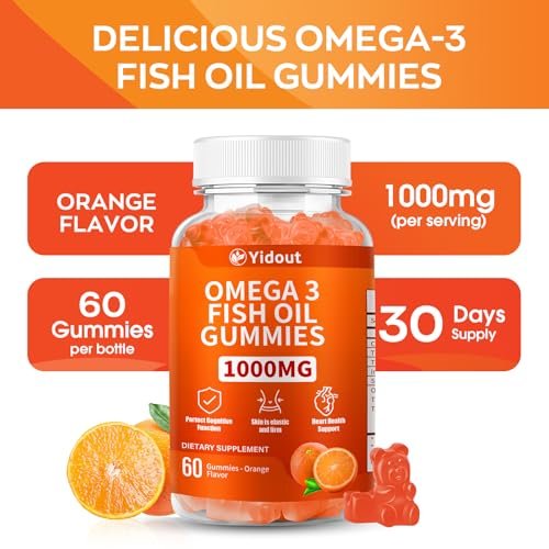 Yidout Omega 3 Fischöl Gummis, leckerer Orangen-Geschmack, Fischöl Gummies für Gelenk-, Herz- und Gehirnunterstützung (60 Stück)