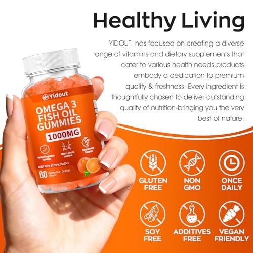 Yidout Omega 3 Fischöl Gummis, leckerer Orangen-Geschmack, Fischöl Gummies für Gelenk-, Herz- und Gehirnunterstützung (60 Stück)