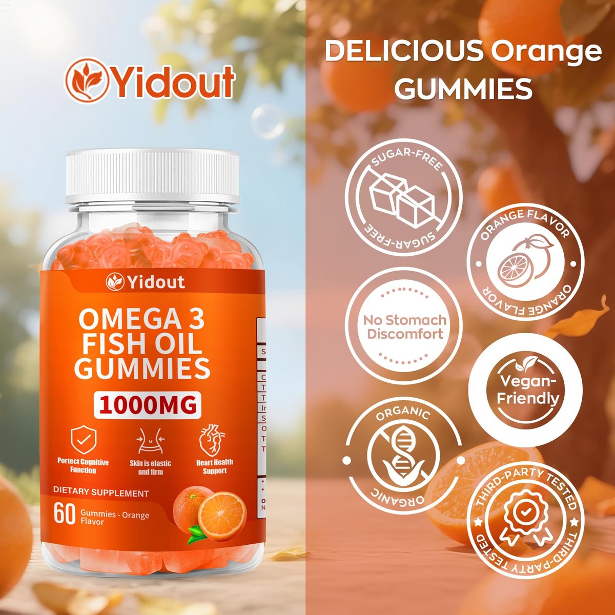 Yidout Omega 3 Fischöl Gummis, leckerer Orangen-Geschmack, Fischöl Gummies für Gelenk-, Herz- und Gehirnunterstützung (60 Stück)