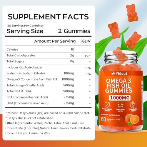 Yidout Omega 3 Fischöl Gummis, leckerer Orangen-Geschmack, Fischöl Gummies für Gelenk-, Herz- und Gehirnunterstützung (60 Stück)