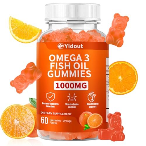 Yidout Omega 3 Fischöl Gummis, leckerer Orangen-Geschmack, Fischöl Gummies für Gelenk-, Herz- und Gehirnunterstützung (60 Stück)