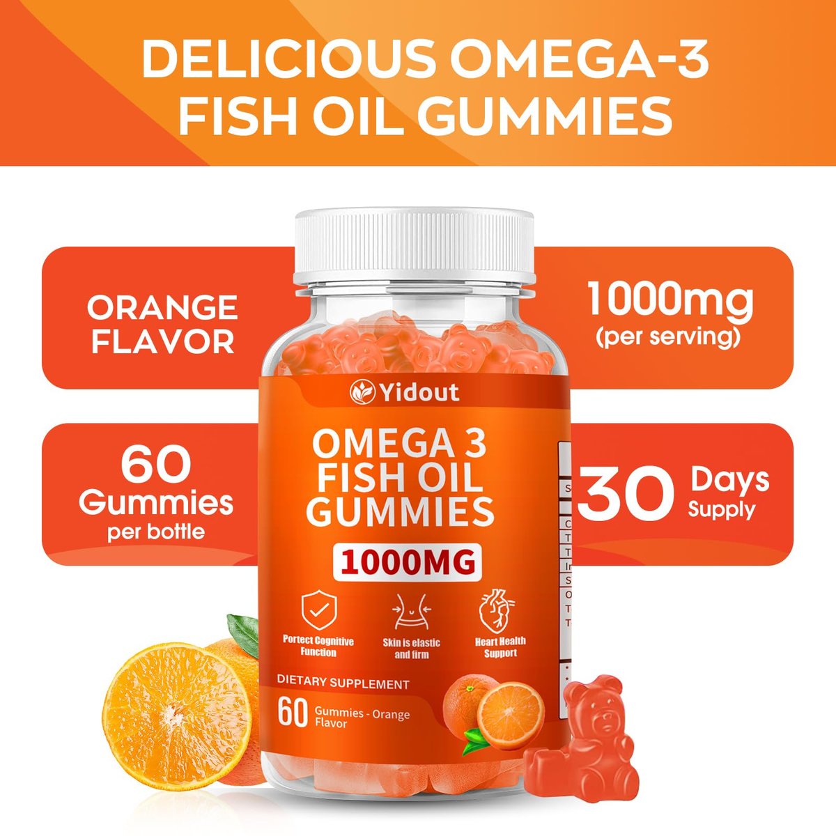 Yidout Omega 3 Fischöl Gummis, leckerer Orangen-Geschmack, Fischöl Gummies für Gelenk-, Herz- und Gehirnunterstützung (60 Stück)