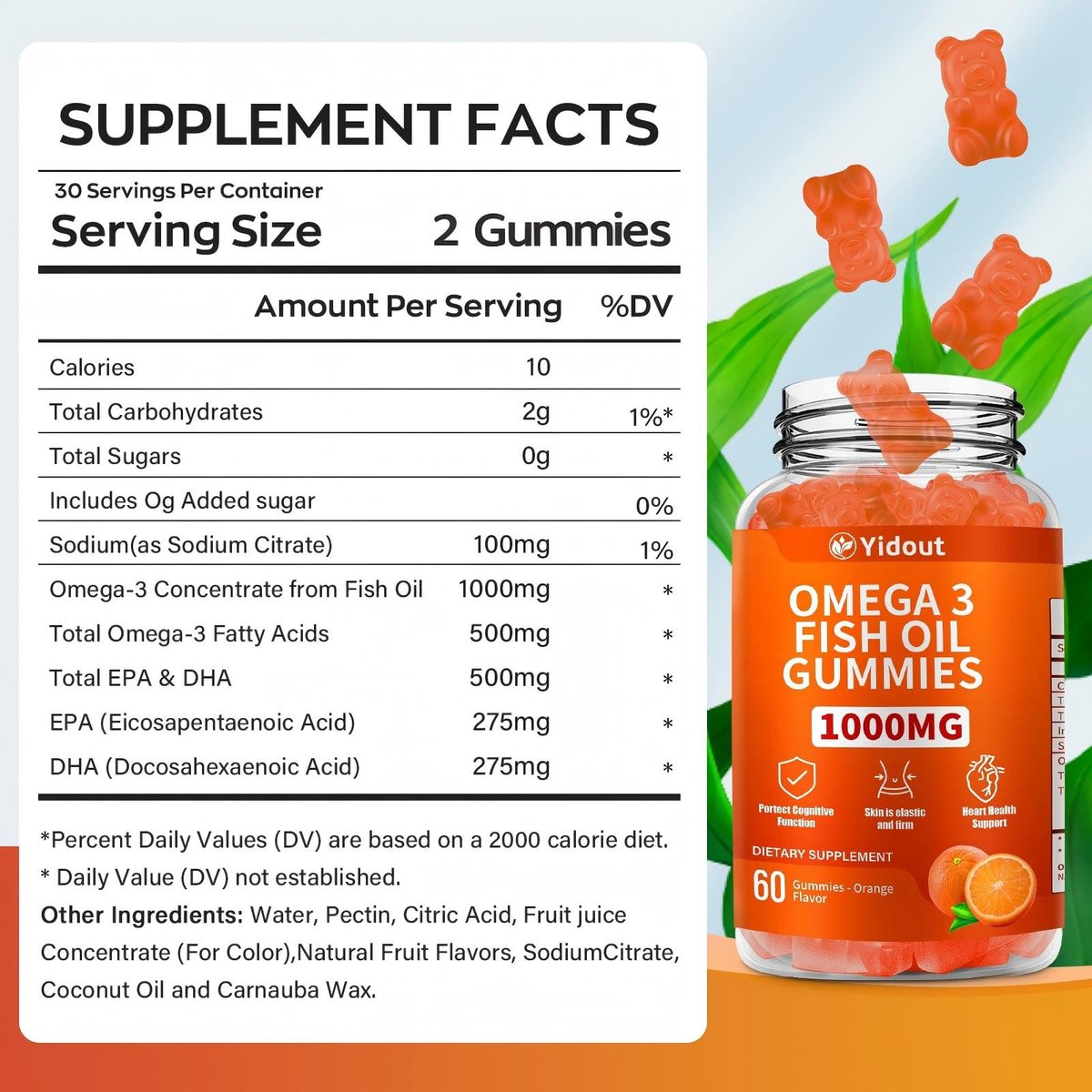 Yidout Omega 3 Fischöl Gummis, leckerer Orangen-Geschmack, Fischöl Gummies für Gelenk-, Herz- und Gehirnunterstützung (60 Stück)