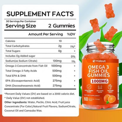 Yidout Omega 3 Fischöl Gummis, leckerer Orangen-Geschmack, Fischöl Gummies für Gelenk-, Herz- und Gehirnunterstützung (60 Stück)