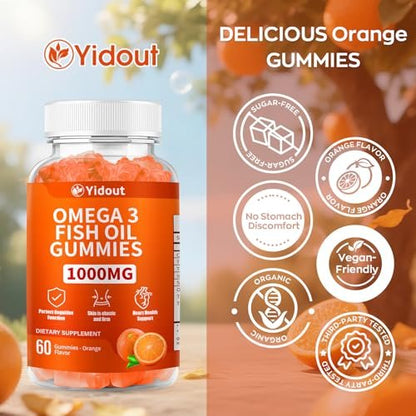 Yidout Omega 3 Fischöl Gummis, leckerer Orangen-Geschmack, Fischöl Gummies für Gelenk-, Herz- und Gehirnunterstützung (60 Stück)