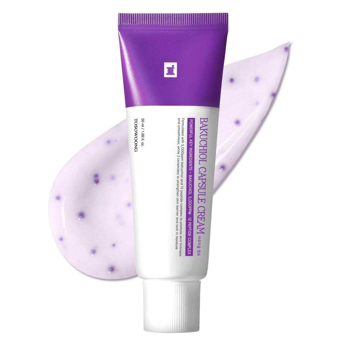 TOSOWOONG Bakuchiol Capsule Cream – Hochreines Bakuchiol 5.000 ppm, Retinol-Alternative für Faltenpflege, Festigende Anti-Aging Feuchtigkeitscreme mit 12 Peptiden & 3 Ceramiden, Koreanische Hautpflege, 50 ml