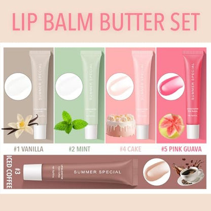 5er Pack Sommer-Spezial Lippenbutter Hydratisierender Lipgloss mit Sheabutter & Olivenöl – Pflegt trockene Lippen, natürlicher Farbton & Glanzeffekt, Lippenstift für Frauen