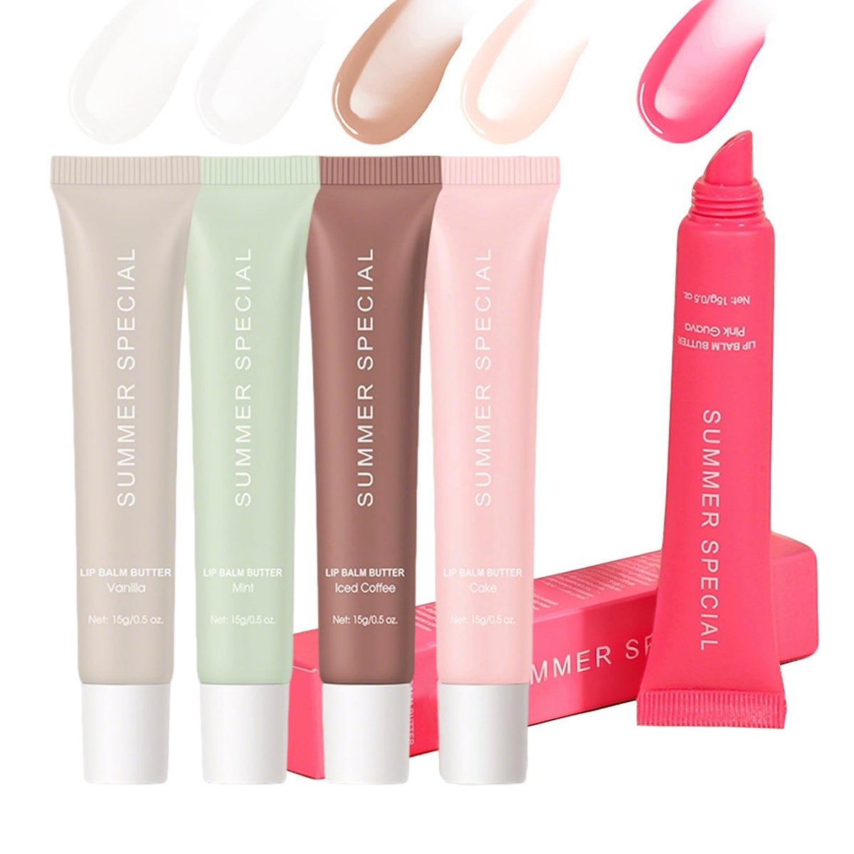 5er Pack Sommer-Spezial Lippenbutter Hydratisierender Lipgloss mit Sheabutter & Olivenöl – Pflegt trockene Lippen, natürlicher Farbton & Glanzeffekt, Lippenstift für Frauen