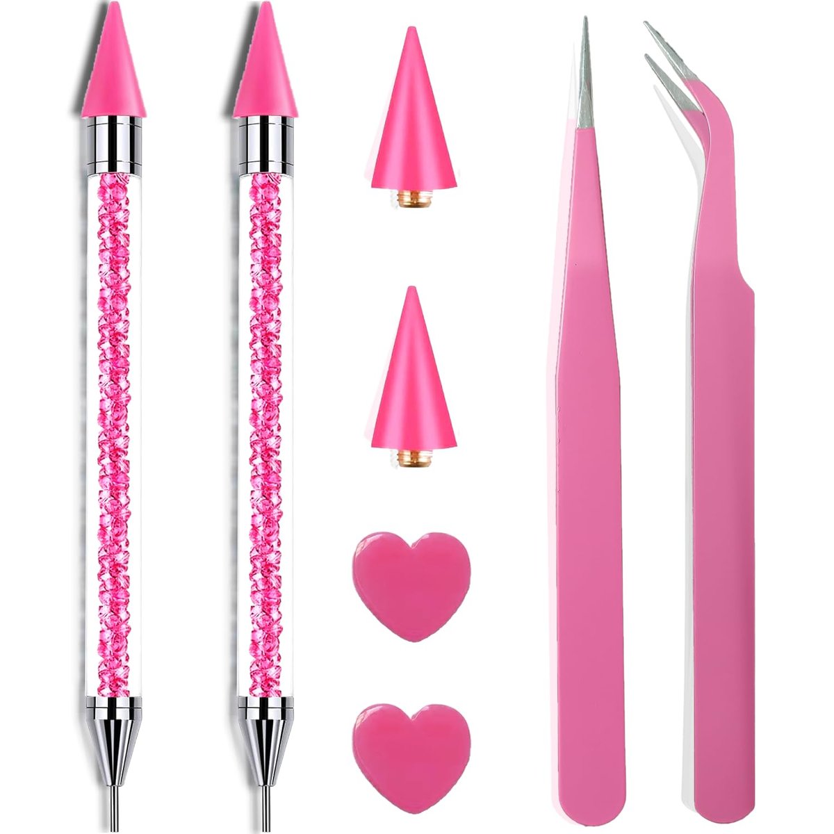 Pink Rhinestone Picker Tool Set - 2 Stück Dual-Head Wachsstifte mit 2 Wachsspitzen und 2 Pinken Pinzetten, Wachsstift für Strasssteine, Kristall-Diamant-Aufnahmewerkzeug für Nagelkunst, Edelstein- und Kristall-Applikationsset
