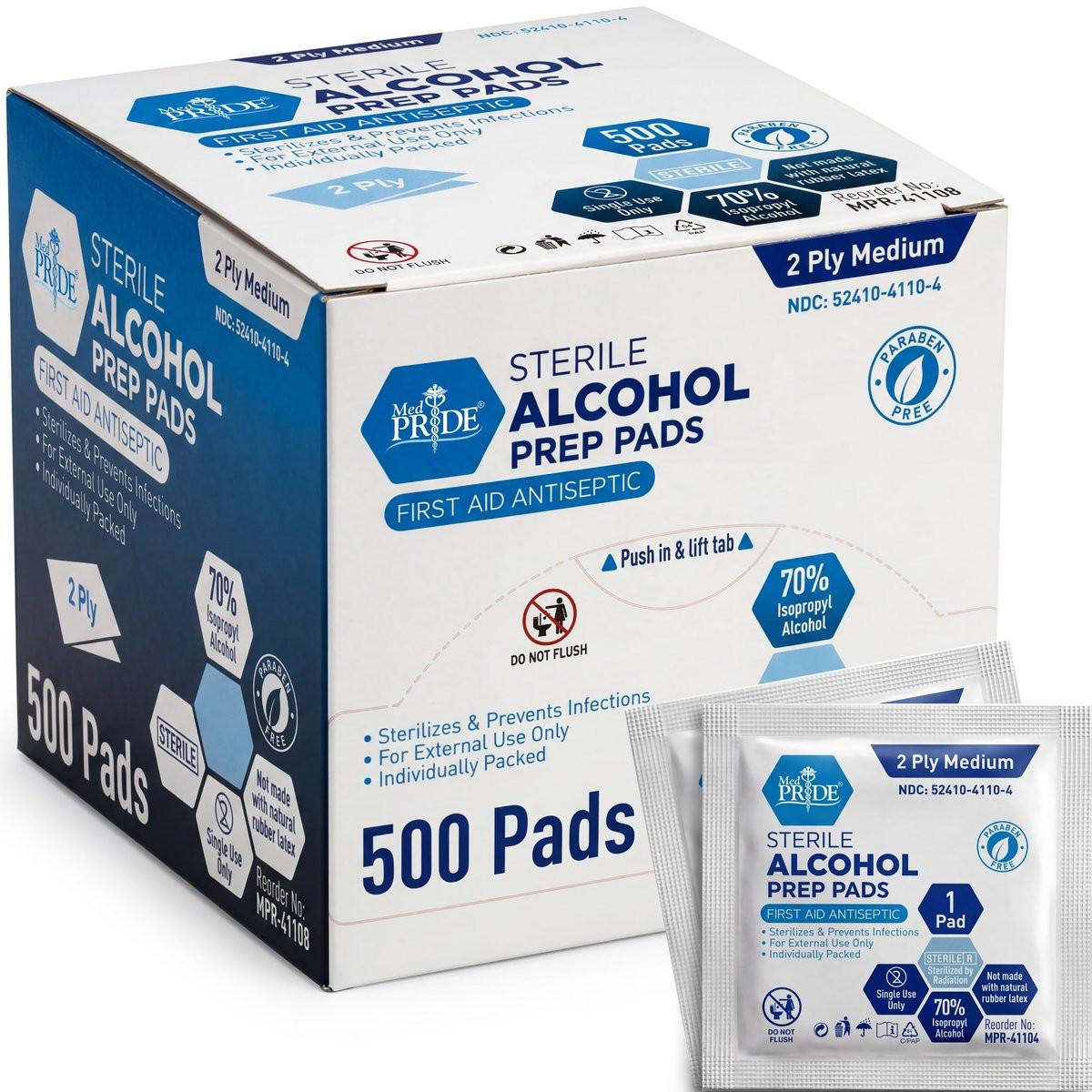 MED PRIDE Alkoholtupfer, medizinische Qualität, steril, einzeln verpackt, mittelgroß, 2-lagig (500 Stück, Packung mit 1)