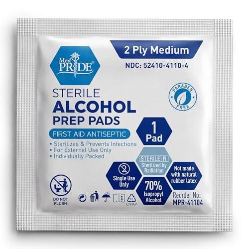 MED PRIDE Alkoholtupfer, medizinische Qualität, steril, einzeln verpackt, mittelgroß, 2-lagig (500 Stück, Packung mit 1)