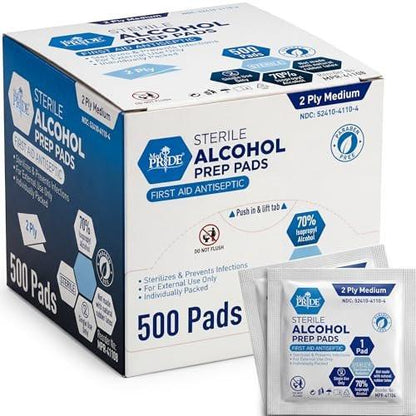 MED PRIDE Alkoholtupfer, medizinische Qualität, steril, einzeln verpackt, mittelgroß, 2-lagig (500 Stück, Packung mit 1)