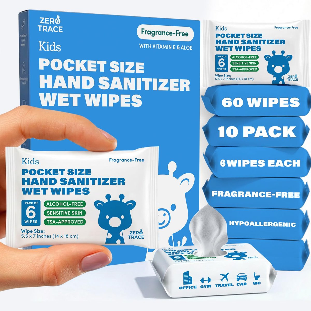 Zero Trace Pocket Hand Sanitizer Tücher – Alkoholfrei & Duftstofffrei – Tötet 99,9 % der Keime – Sicher für Kinder & empfindliche Haut – Reisetücher – 60 Stück (10 Packungen à 6) – TSA-geprüft