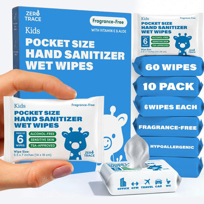 Zero Trace Pocket Hand Sanitizer Tücher – Alkoholfrei & Duftstofffrei – Tötet 99,9 % der Keime – Sicher für Kinder & empfindliche Haut – Reisetücher – 60 Stück (10 Packungen à 6) – TSA-geprüft