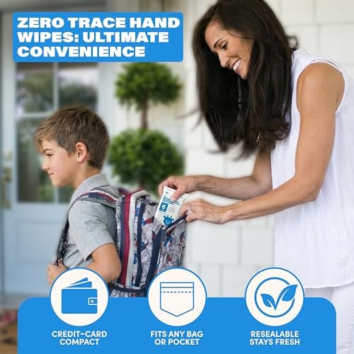 Zero Trace Pocket Hand Sanitizer Tücher – Alkoholfrei & Duftstofffrei – Tötet 99,9 % der Keime – Sicher für Kinder & empfindliche Haut – Reisetücher – 60 Stück (10 Packungen à 6) – TSA-geprüft