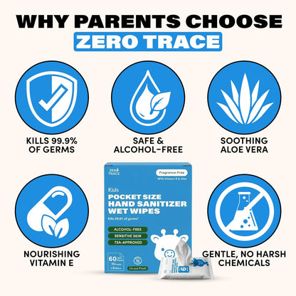 Zero Trace Pocket Hand Sanitizer Tücher – Alkoholfrei & Duftstofffrei – Tötet 99,9 % der Keime – Sicher für Kinder & empfindliche Haut – Reisetücher – 60 Stück (10 Packungen à 6) – TSA-geprüft