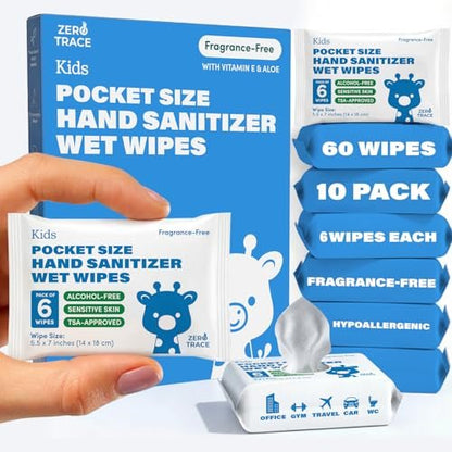 Zero Trace Pocket Hand Sanitizer Tücher – Alkoholfrei & Duftstofffrei – Tötet 99,9 % der Keime – Sicher für Kinder & empfindliche Haut – Reisetücher – 60 Stück (10 Packungen à 6) – TSA-geprüft