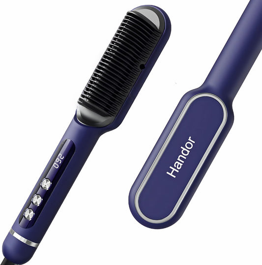 Ionischer Haarglättungsbürste mit LED-Display, 9 Temperatureinstellungen (250°F-410°F), Dualspannung, Blau