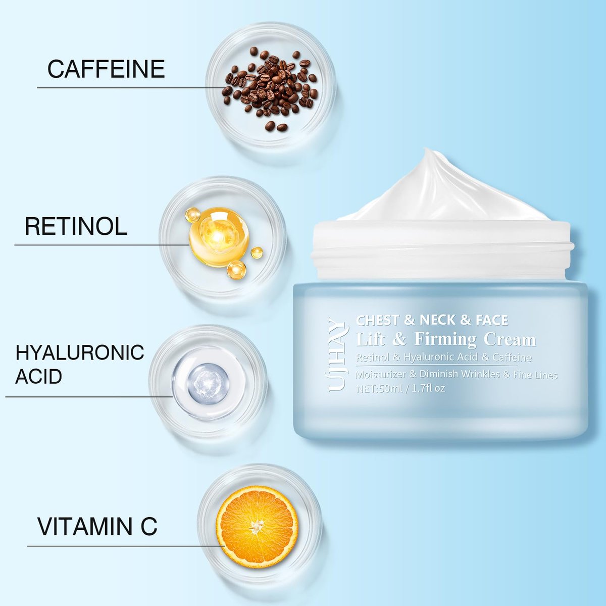 Retinol Halscreme - Hyaluronsäure & Koffein Angereicherte Halsstraffende Creme | Anti-Aging 3-in-1 Feuchtigkeitscreme zur Minimierung von feinen Linien, Fältchen und schlaffer Haut für Hals, Dekolleté und Gesicht (50ml/1.7oz)