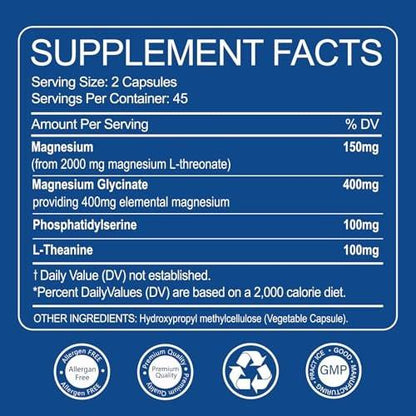 Magnesium L-Threonat 2.000 mg & Magnesiumglycinat 400 mg | 90 Kapseln | Für Muskeln, Schlaf & kognitive Gesundheit | Hoch bioverfügbar | Non-GMO, glutenfrei