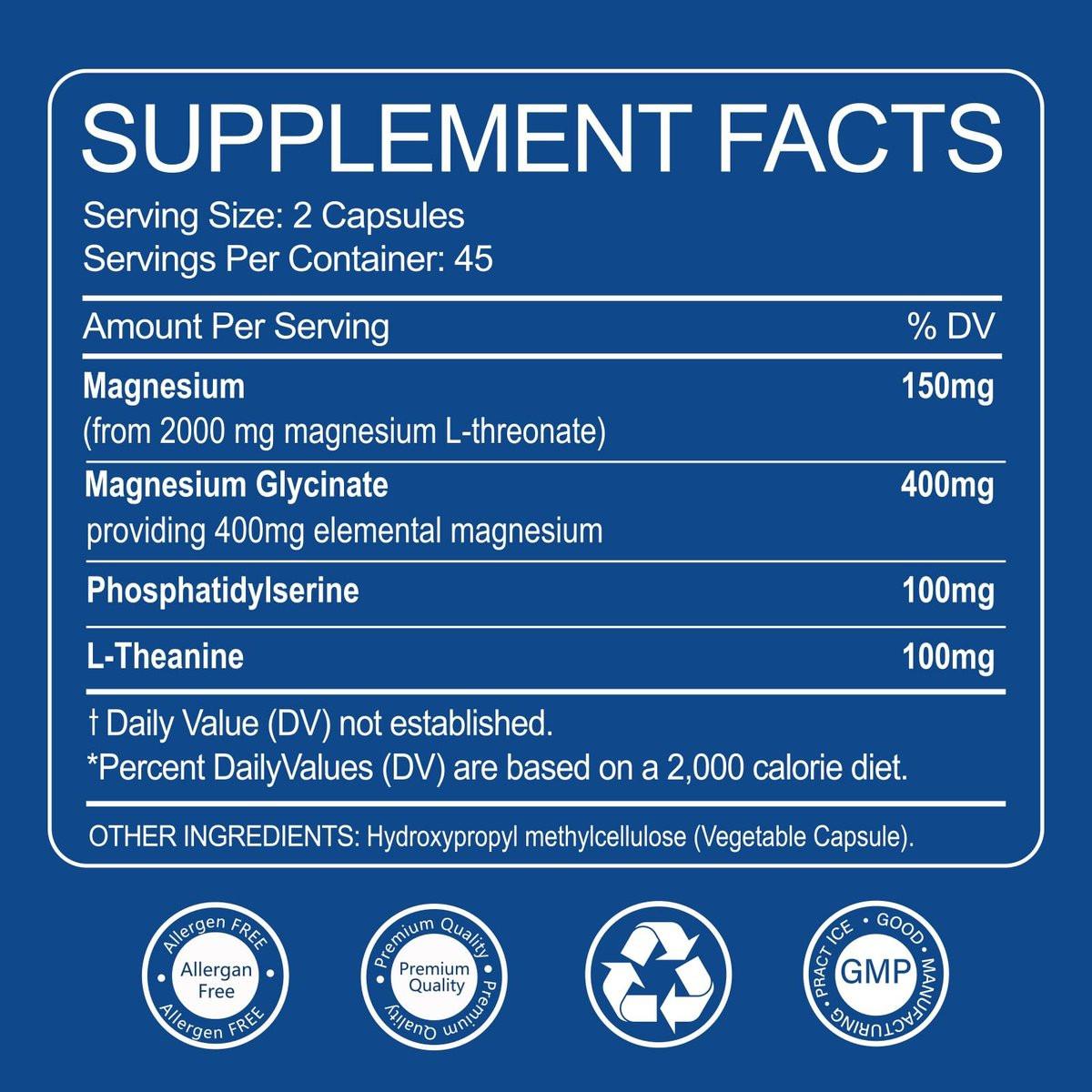 Magnesium L-Threonat 2.000 mg & Magnesiumglycinat 400 mg | 90 Kapseln | Für Muskeln, Schlaf & kognitive Gesundheit | Hoch bioverfügbar | Non-GMO, glutenfrei