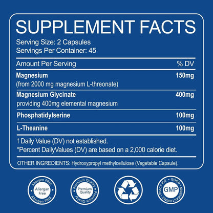 Magnesium L-Threonat 2.000 mg & Magnesiumglycinat 400 mg | 90 Kapseln | Für Muskeln, Schlaf & kognitive Gesundheit | Hoch bioverfügbar | Non-GMO, glutenfrei