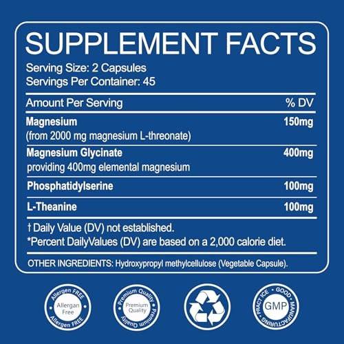 Magnesium L-Threonat 2.000 mg & Magnesiumglycinat 400 mg | 90 Kapseln | Für Muskeln, Schlaf & kognitive Gesundheit | Hoch bioverfügbar | Non-GMO, glutenfrei