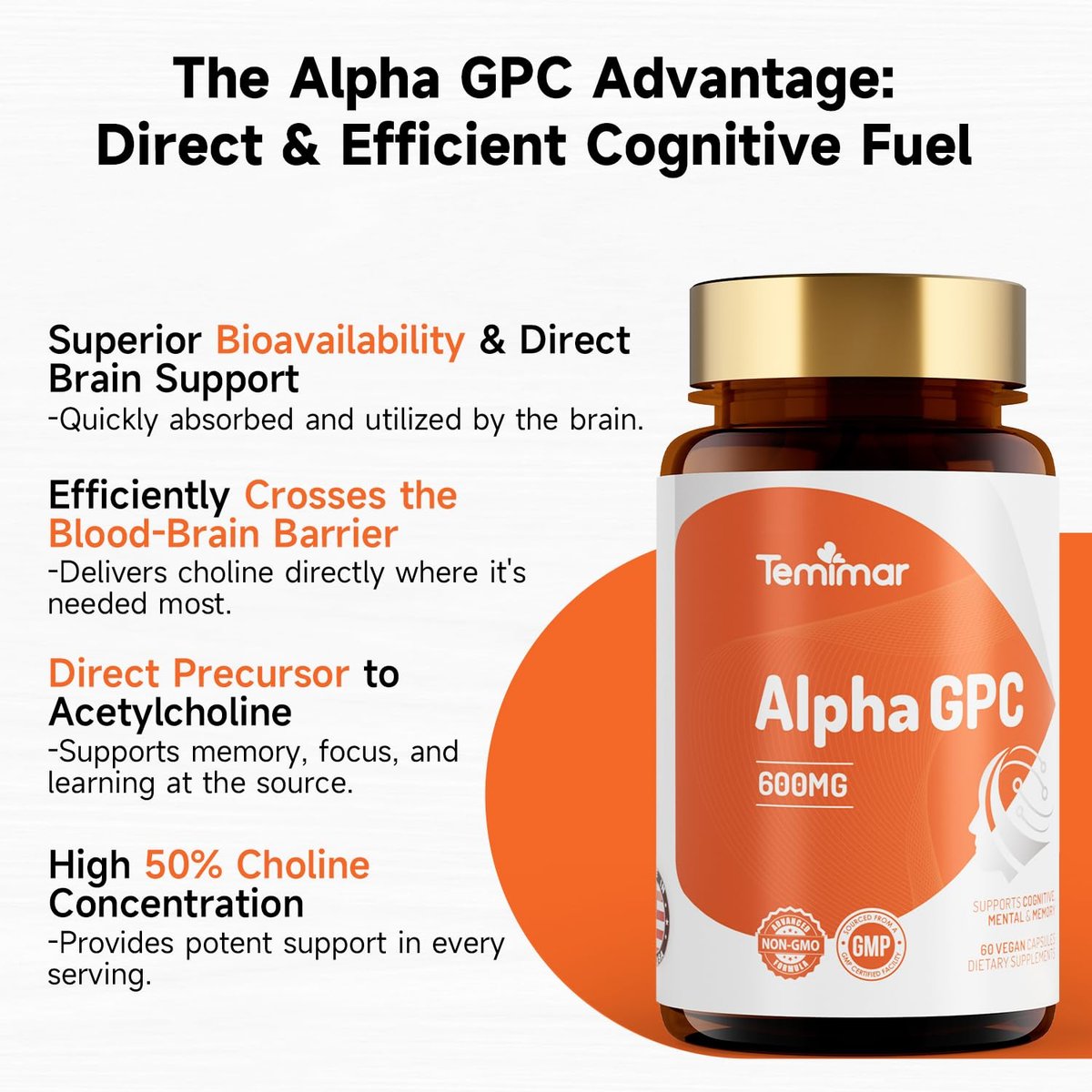Temimar Alpha GPC 600mg – Bioverfügbare Cholin-Ergänzung für Gedächtnis, Fokus und kognitive Funktion – Glutenfrei, Nicht-GVO, Hergestellt in den USA – 60 vegane Kapseln