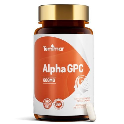 Temimar Alpha GPC 600mg – Bioverfügbare Cholin-Ergänzung für Gedächtnis, Fokus und kognitive Funktion – Glutenfrei, Nicht-GVO, Hergestellt in den USA – 60 vegane Kapseln
