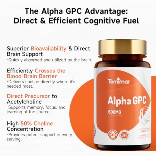 Temimar Alpha GPC 600mg – Bioverfügbare Cholin-Ergänzung für Gedächtnis, Fokus und kognitive Funktion – Glutenfrei, Nicht-GVO, Hergestellt in den USA – 60 vegane Kapseln