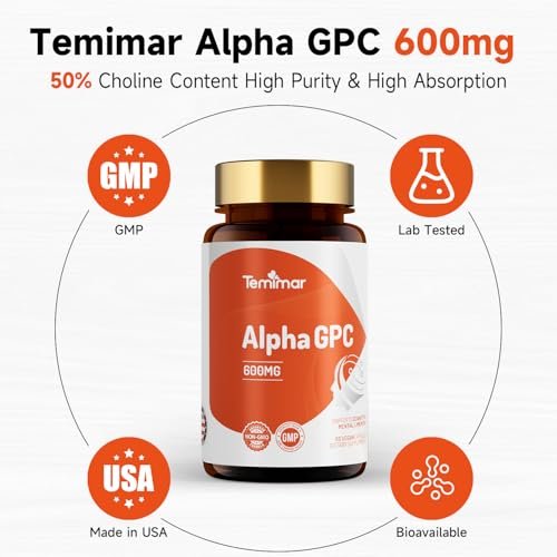 Temimar Alpha GPC 600mg – Bioverfügbare Cholin-Ergänzung für Gedächtnis, Fokus und kognitive Funktion – Glutenfrei, Nicht-GVO, Hergestellt in den USA – 60 vegane Kapseln