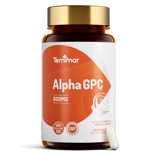 Temimar Alpha GPC 600mg – Bioverfügbare Cholin-Ergänzung für Gedächtnis, Fokus und kognitive Funktion – Glutenfrei, Nicht-GVO, Hergestellt in den USA – 60 vegane Kapseln