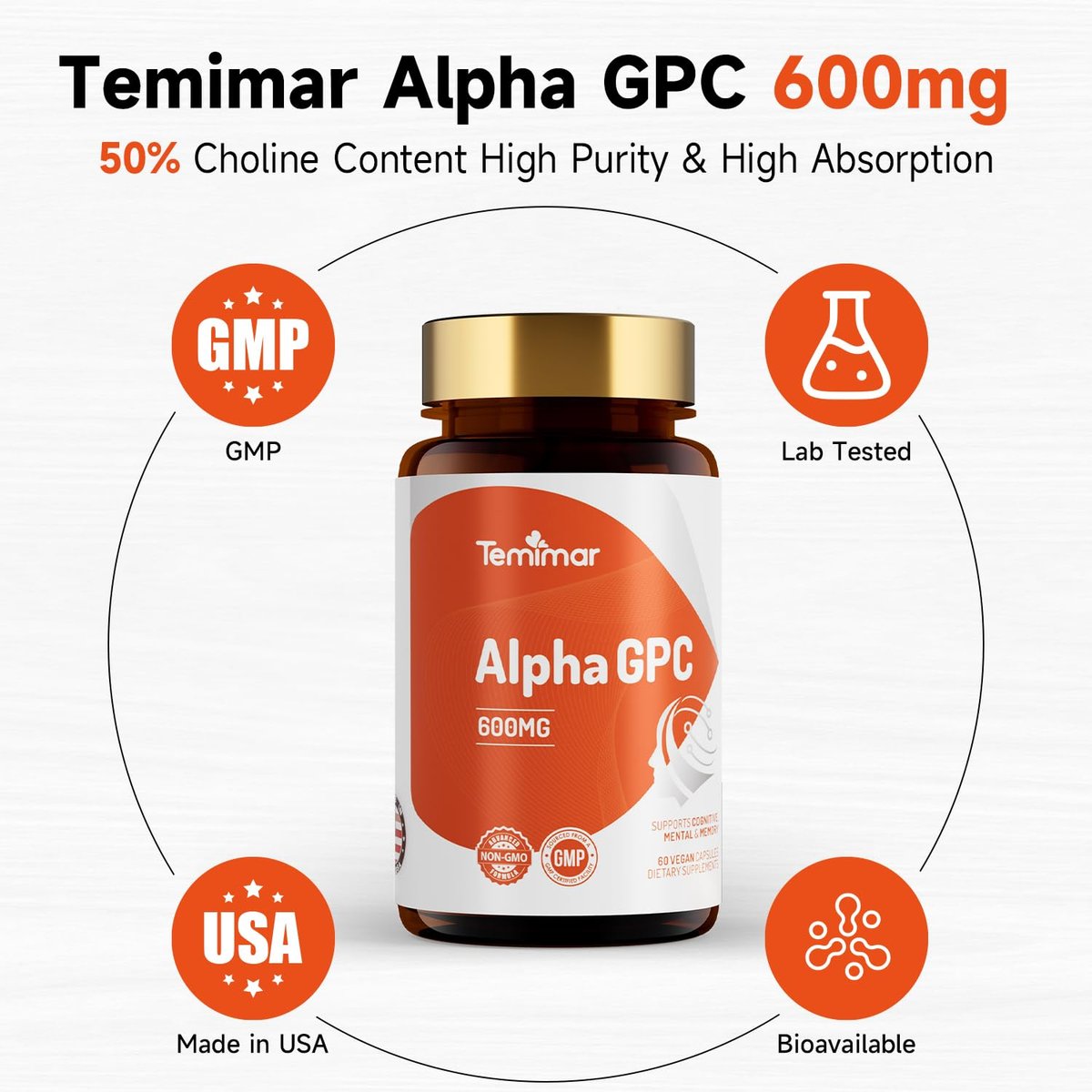 Temimar Alpha GPC 600mg – Bioverfügbare Cholin-Ergänzung für Gedächtnis, Fokus und kognitive Funktion – Glutenfrei, Nicht-GVO, Hergestellt in den USA – 60 vegane Kapseln