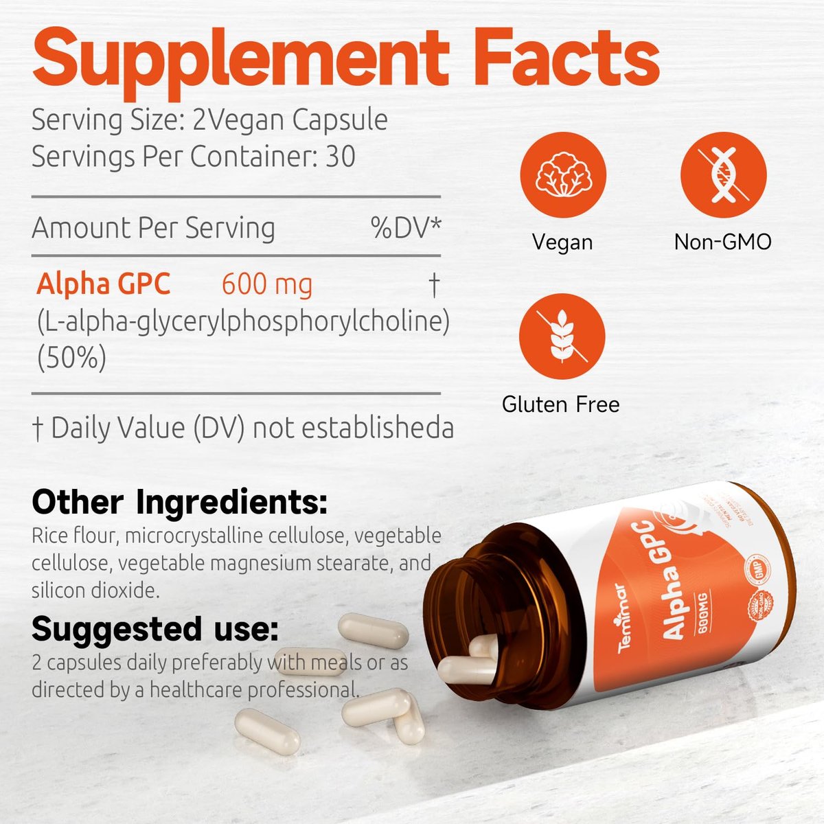 Temimar Alpha GPC 600mg – Bioverfügbare Cholin-Ergänzung für Gedächtnis, Fokus und kognitive Funktion – Glutenfrei, Nicht-GVO, Hergestellt in den USA – 60 vegane Kapseln