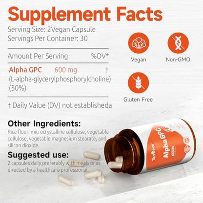 Temimar Alpha GPC 600mg – Bioverfügbare Cholin-Ergänzung für Gedächtnis, Fokus und kognitive Funktion – Glutenfrei, Nicht-GVO, Hergestellt in den USA – 60 vegane Kapseln