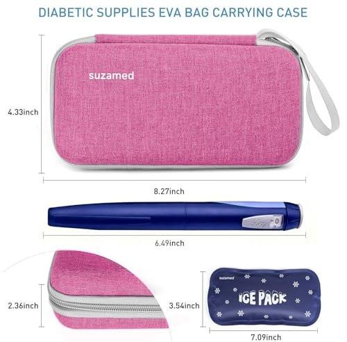 suzamed Insulin Kühlbox Reiseetui, EVA Isolierte Reiseapotheke mit 2 Kühlakkus für Diabetes, Insulin Pen und Zubehör (Pink)