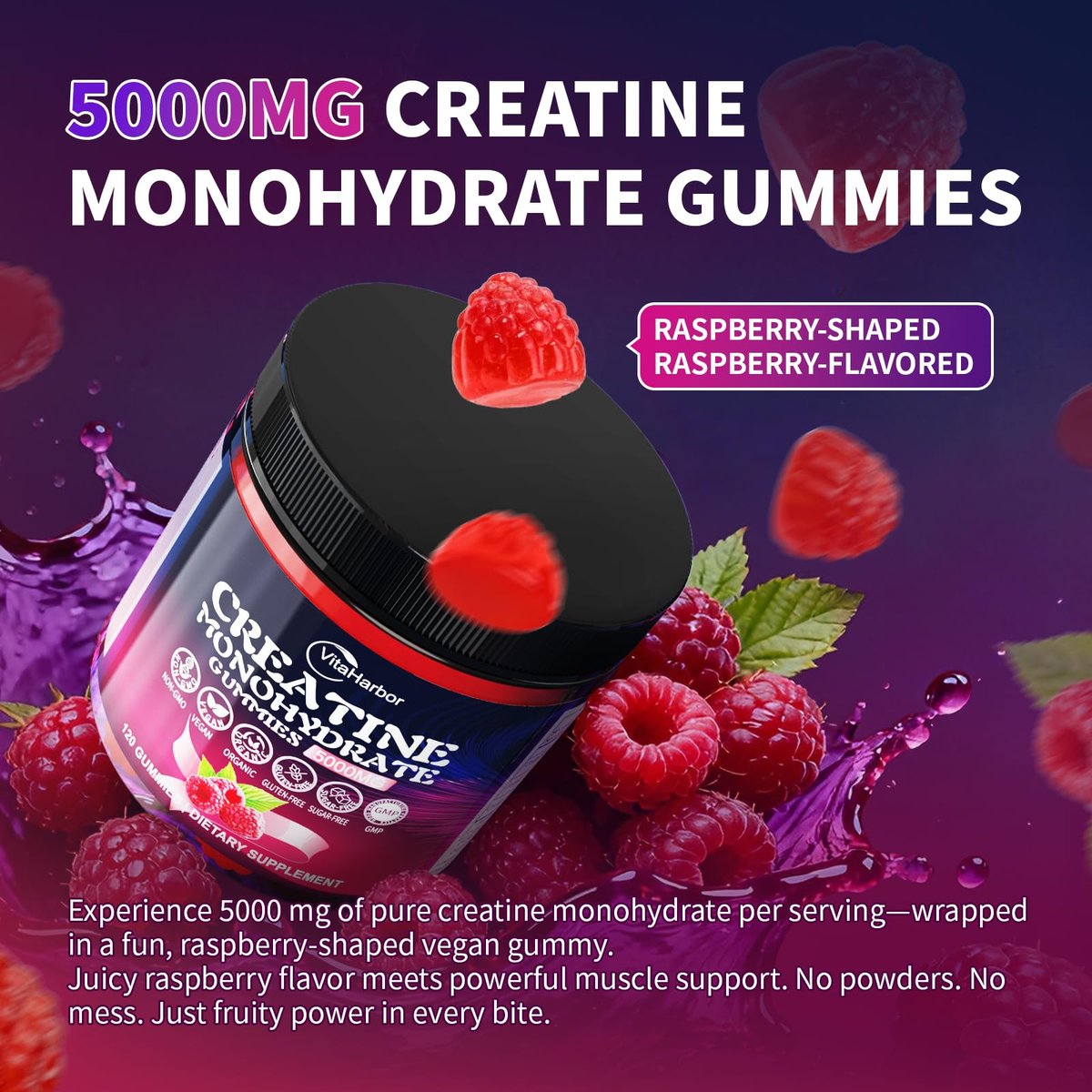 Kreatin-Monohydrat Gummis 5000 mg für Männer und Frauen – Bio, zuckerfrei, vegan, ohne Gentechnik, Himbeergeschmack, 120 Stück