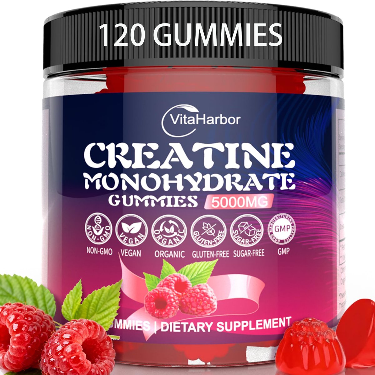 Kreatin-Monohydrat Gummis 5000 mg für Männer und Frauen – Bio, zuckerfrei, vegan, ohne Gentechnik, Himbeergeschmack, 120 Stück