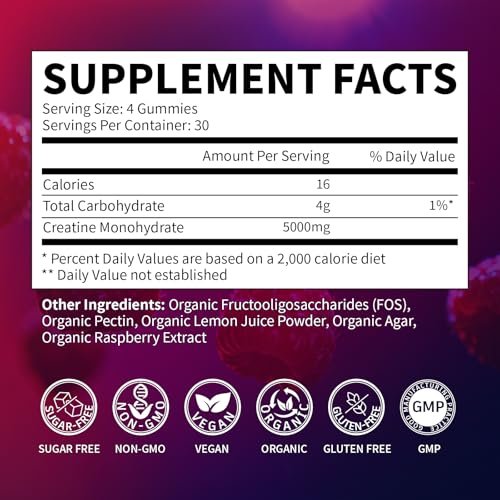 Kreatin-Monohydrat Gummis 5000 mg für Männer und Frauen – Bio, zuckerfrei, vegan, ohne Gentechnik, Himbeergeschmack, 120 Stück