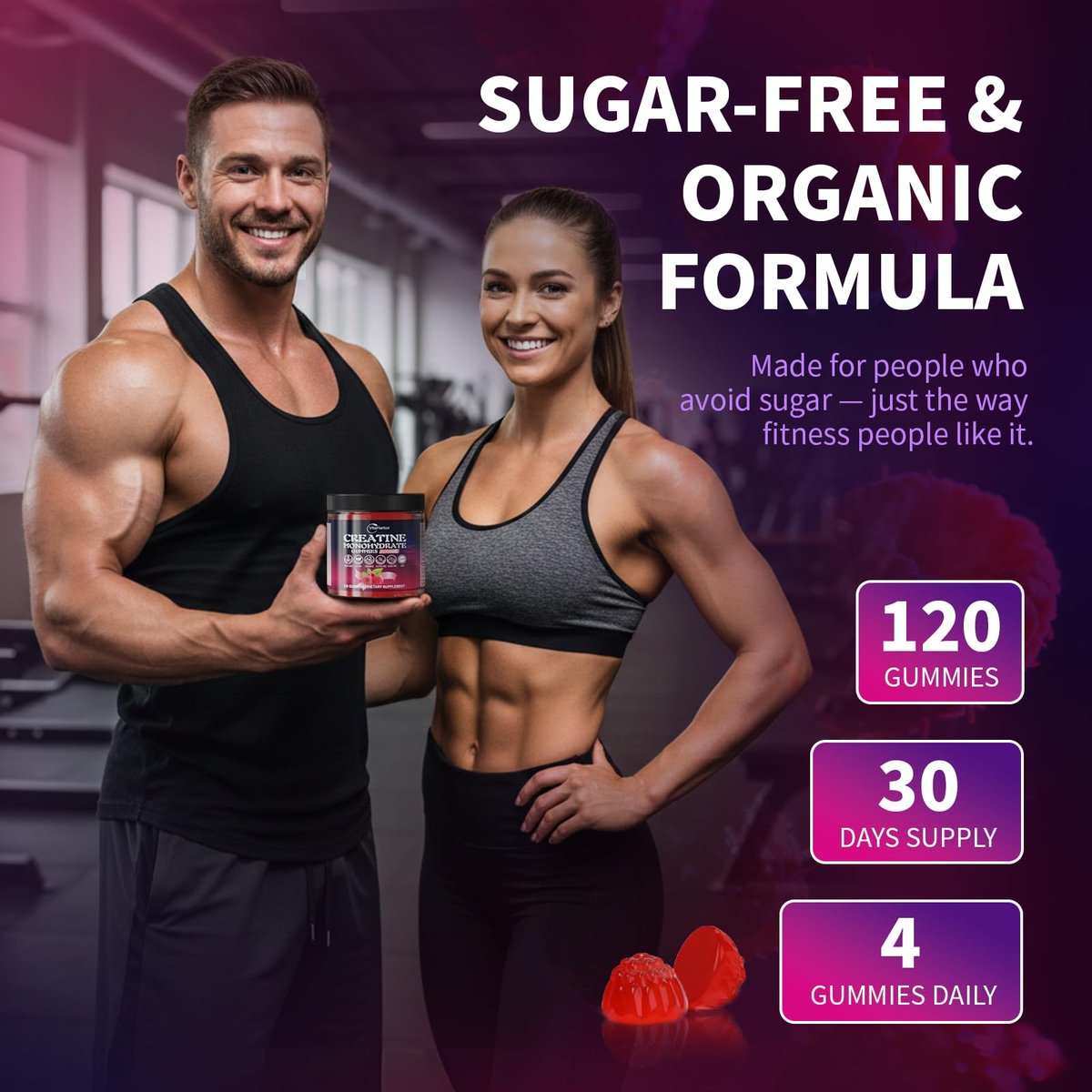 Kreatin-Monohydrat Gummis 5000 mg für Männer und Frauen – Bio, zuckerfrei, vegan, ohne Gentechnik, Himbeergeschmack, 120 Stück